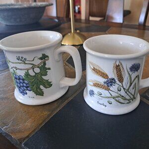 Two VTG LAUFFER mugs Barley Vine Coffee Cups Grain grape vines 12oz stoneware